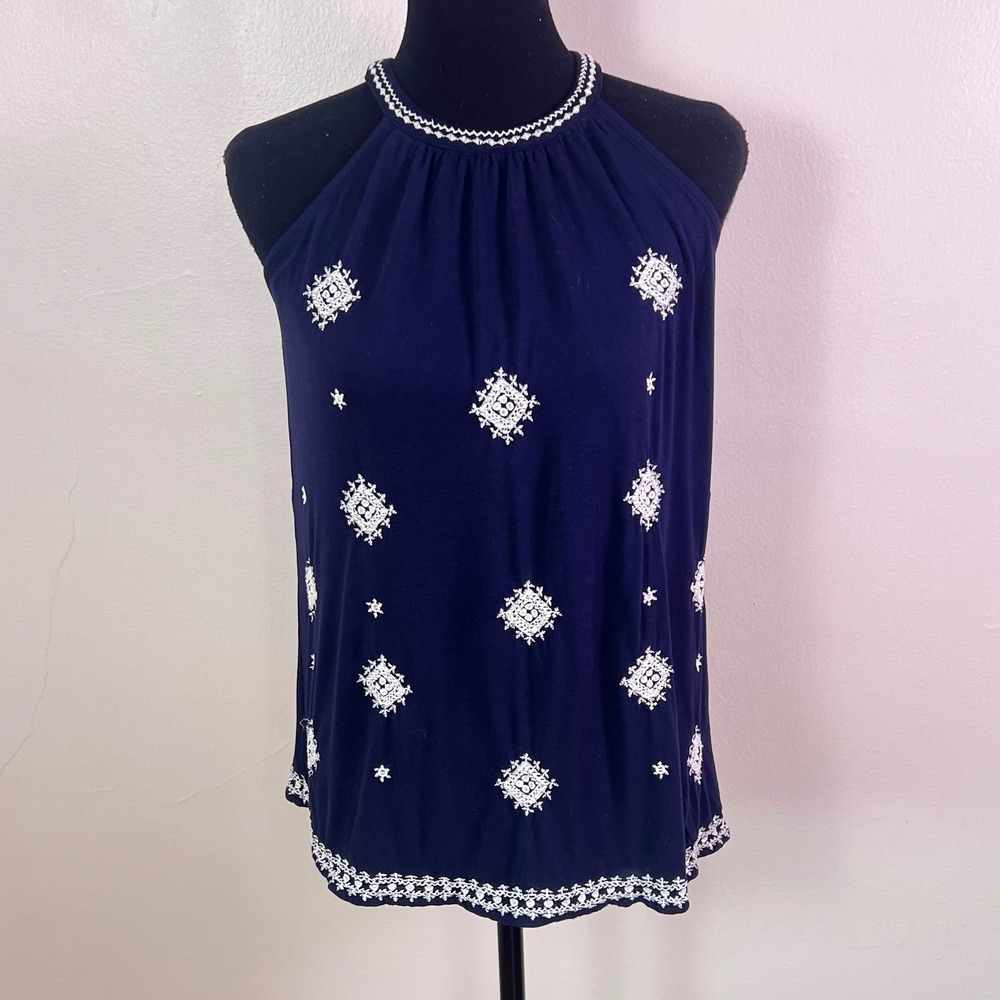 LOFT Halter Top XS Navy Blue Embroidered Boho High Neck Sleeveless Rayon Tank